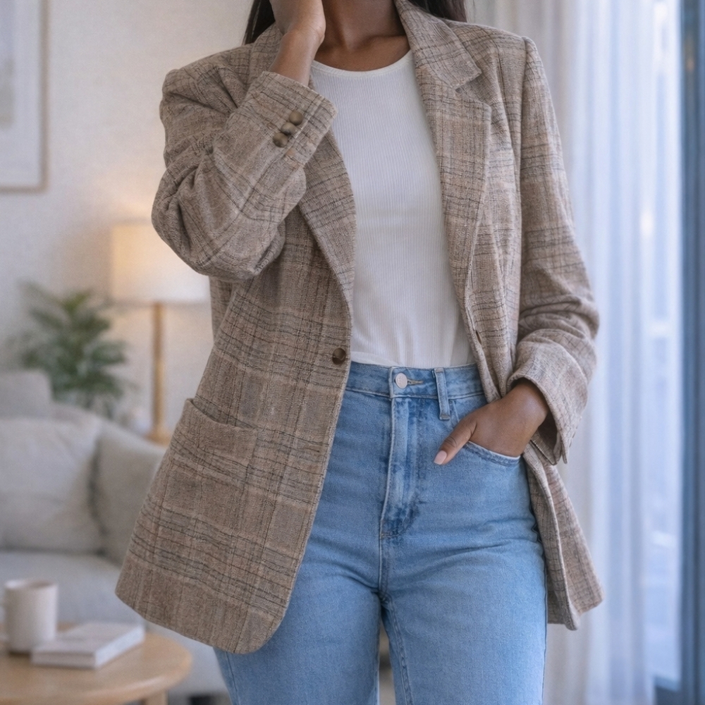 Tailored Plaid Single-Button Blazer Jacket - Beig… - image 1